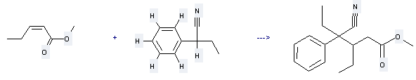 2-Pentenoicacid, methyl ester can be used to produce 4-cyano-3-ethyl-4-phenyl-hexanoic acid methyl ester with 2-phenyl-butyronitrile